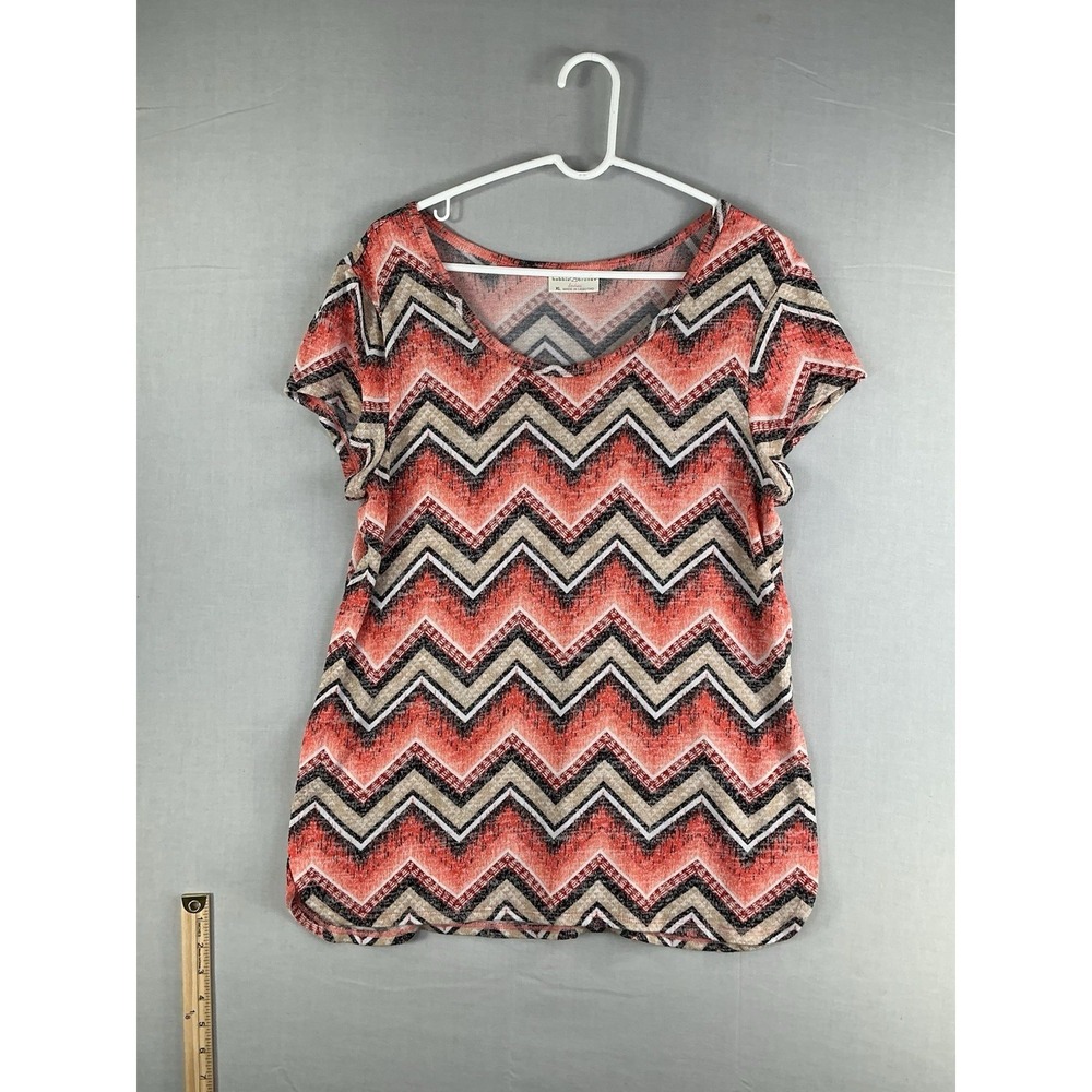 Bobbie Brooks Women's XL Chevron Print‎ Short Sleeve Top Coral Black Stretch